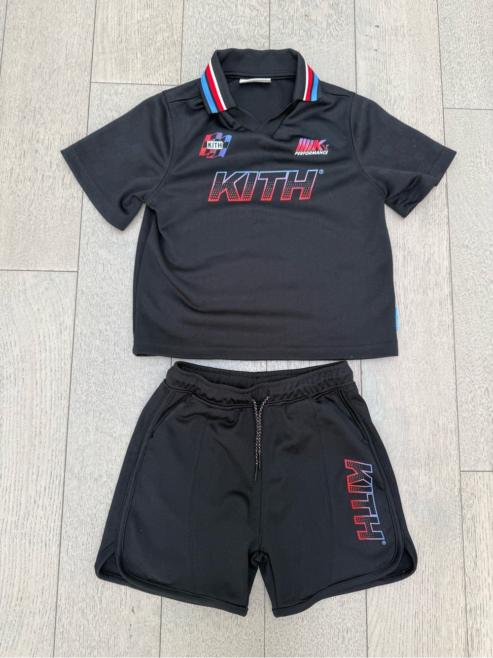 Kith Black Kids Polo & Shorts Set with Red and Blue Accents